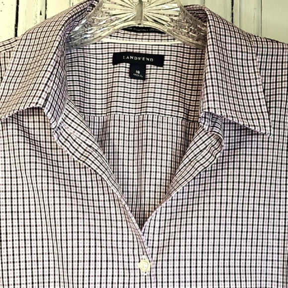 Lands' End Womens No Iron Lavender Plaid 3/4 Sleeve Button-up Cotton Blouse 16 - Picture 1 of 5